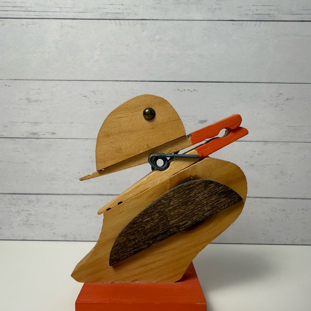 Vintage Handmade Wooden Folk Art Clothespin Bird Note Holder